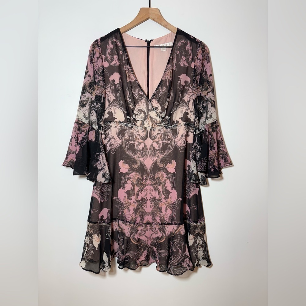 Boston Proper Dress Size 6 Pink Multi Bell Sleeve Rosy Scroll Flippy Women